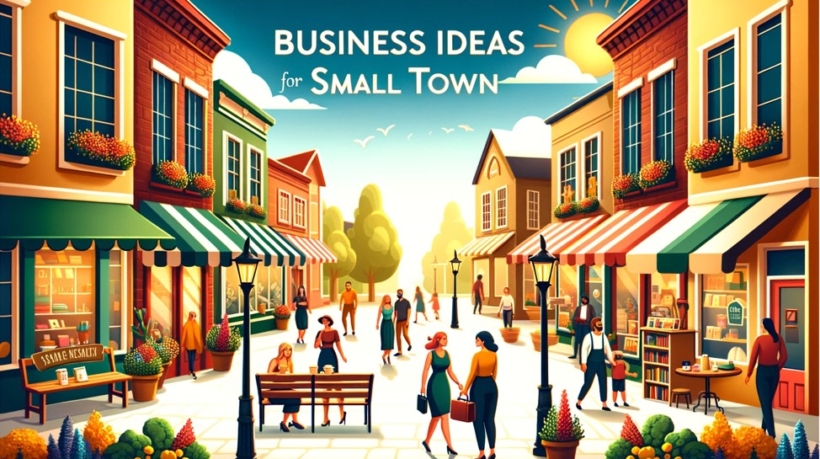 Business Ideas for Small Towns: Tips for Aspiring Entrepreneurs. Vibrant small town scene with a variety of local businesses including a café, bookstore, and florist. Diverse people are seen shopping, walking, and enjoying coffee in a sunny town square surrounded by blooming trees and flowers, evoking a sense of community and entrepreneurial opportunity.