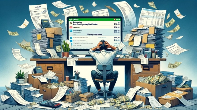 Undeposited Funds in QuickBooks Online. Cluttered desk with invoices, receipts, and a computer screen displaying QuickBooks Online showing a warning about undeposited funds. There are stacks of papers, an overflowing cash drawer, and a frustrated business owner with their head in their hands, illustrating disorganization and financial stress.