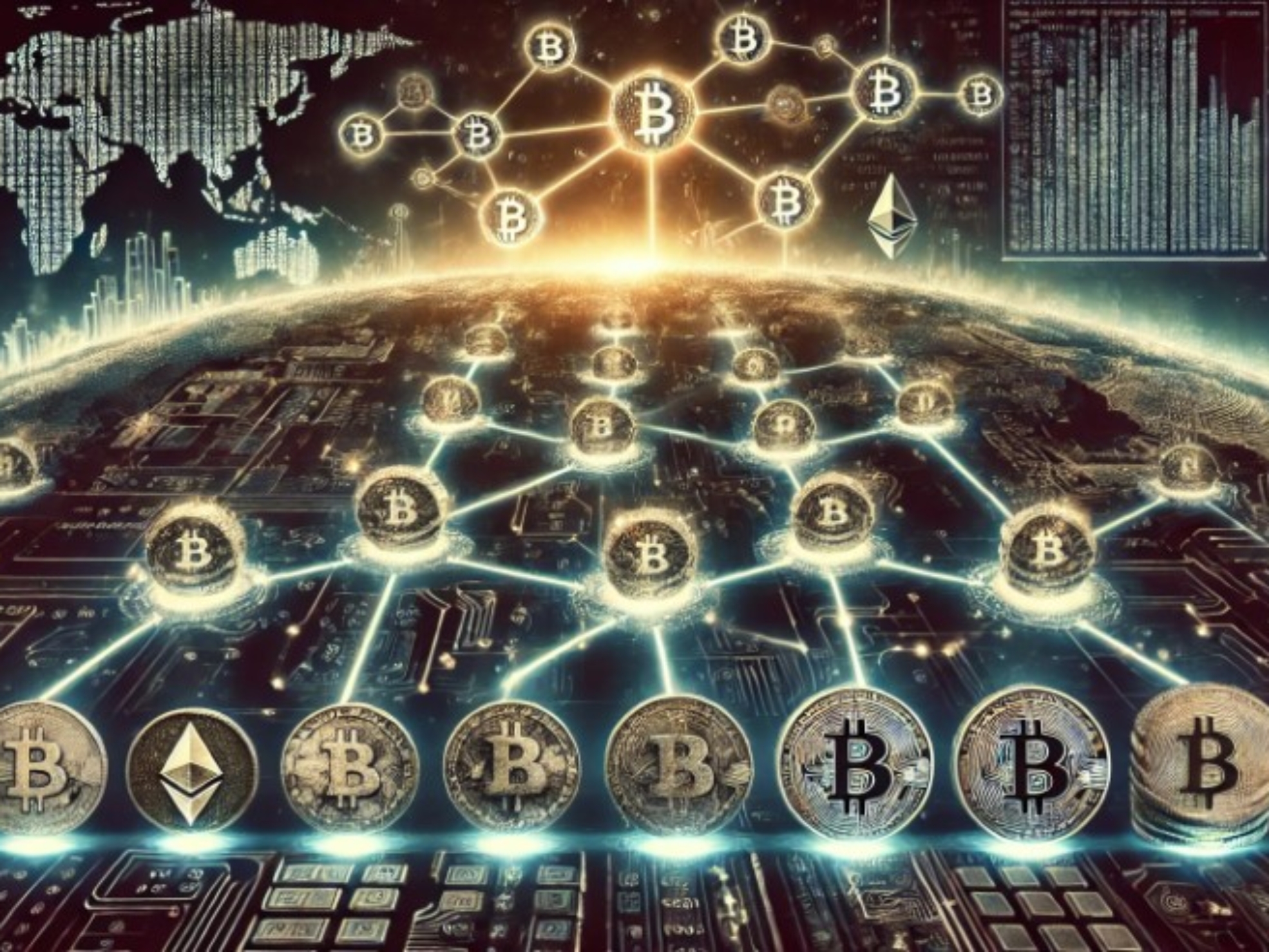 A visually striking landscape image representing the origins of cryptocurrency and blockchain technology. The image features a digital ledger with interconnected blocks or nodes connected by glowing lines against a dark background. In the foreground, there's a progression from traditional currency symbols like coins and paper money to digital currency symbols such as Bitcoin and Ethereum. The background subtly integrates elements like binary code, circuit boards, and a global map, giving the image a futuristic and technological feel.