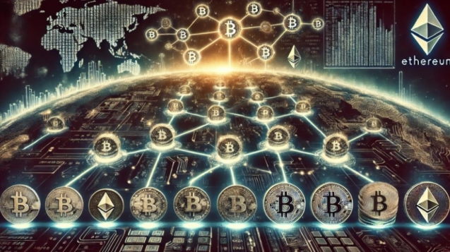 A visually striking landscape image representing the origins of cryptocurrency and blockchain technology. The image features a digital ledger with interconnected blocks or nodes connected by glowing lines against a dark background. In the foreground, there's a progression from traditional currency symbols like coins and paper money to digital currency symbols such as Bitcoin and Ethereum. The background subtly integrates elements like binary code, circuit boards, and a global map, giving the image a futuristic and technological feel.