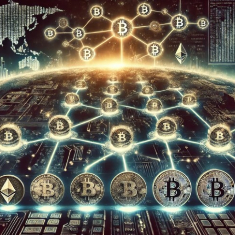 A visually striking landscape image representing the origins of cryptocurrency and blockchain technology. The image features a digital ledger with interconnected blocks or nodes connected by glowing lines against a dark background. In the foreground, there's a progression from traditional currency symbols like coins and paper money to digital currency symbols such as Bitcoin and Ethereum. The background subtly integrates elements like binary code, circuit boards, and a global map, giving the image a futuristic and technological feel.