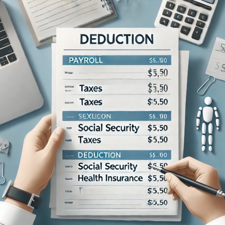 Illustration of a payroll document with visible deductions like taxes, social security, and health insurance, being reviewed by a person. Office items such as a calculator, notepad, and laptop are in the background, creating a professional payroll processing environment.