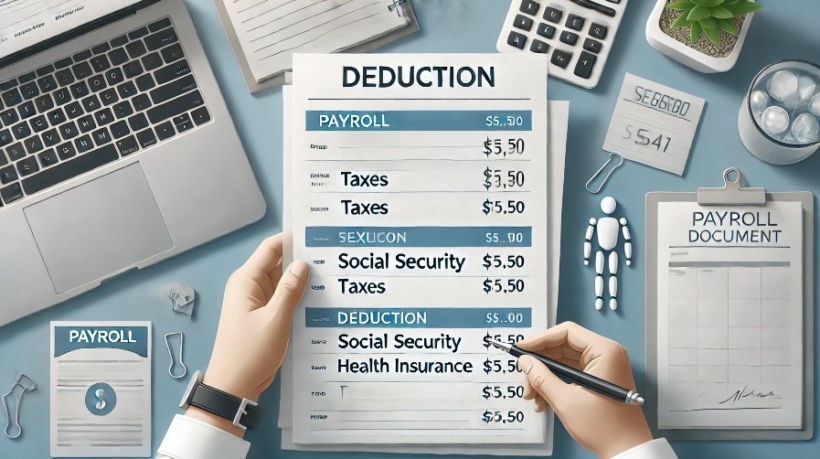 Illustration of a payroll document with visible deductions like taxes, social security, and health insurance, being reviewed by a person. Office items such as a calculator, notepad, and laptop are in the background, creating a professional payroll processing environment.