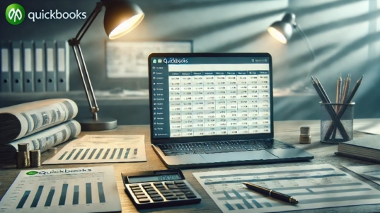 An organized office desk with a laptop displaying a QuickBooks reconciliation page, highlighting financial transactions and discrepancies. The desk also has a calculator, financial reports, and pens, conveying a professional atmosphere focused on financial management and accuracy. Fix The Beginning Balance Discrepancy. Fix The Opening Balance Discrepancies