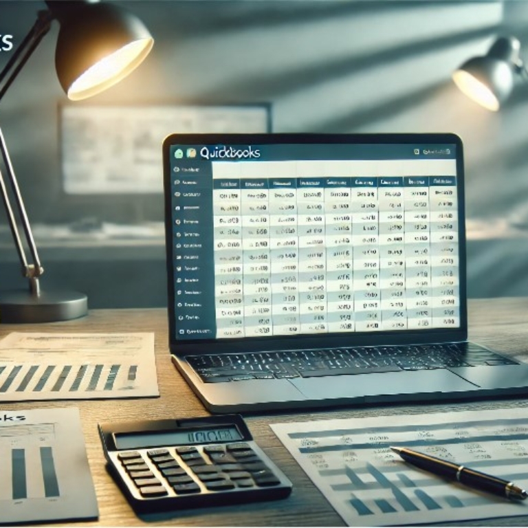 An organized office desk with a laptop displaying a QuickBooks reconciliation page, highlighting financial transactions and discrepancies. The desk also has a calculator, financial reports, and pens, conveying a professional atmosphere focused on financial management and accuracy. Fix The Beginning Balance Discrepancy. Fix The Opening Balance Discrepancies