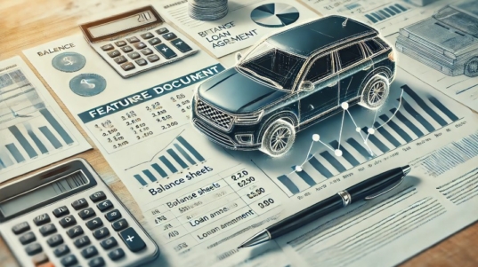 A professional business-themed image illustrating the concept of accounting for a car bought on installment. It shows a modern mid-sized car placed next to financial documents, including balance sheets, a calculator, loan agreements, and a pen. The background features subtle graphs and spreadsheets, symbolizing financial management, loan payments, and interest rates.