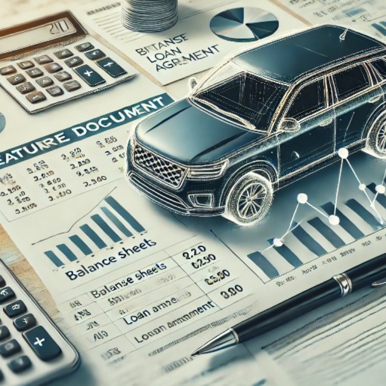 A professional business-themed image illustrating the concept of accounting for a car bought on installment. It shows a modern mid-sized car placed next to financial documents, including balance sheets, a calculator, loan agreements, and a pen. The background features subtle graphs and spreadsheets, symbolizing financial management, loan payments, and interest rates.