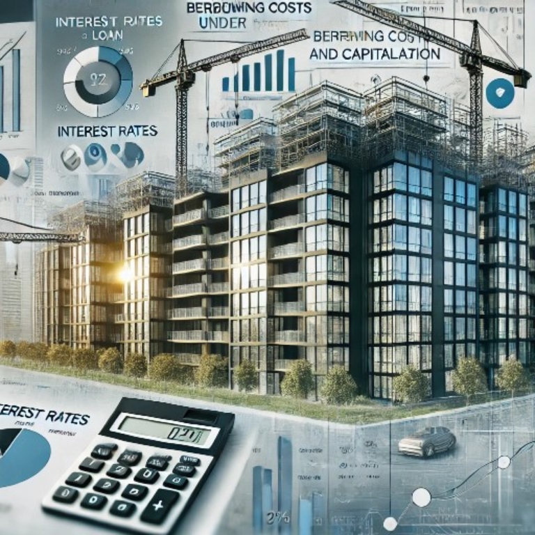 Image depicting the concept of borrowing costs and capitalization in construction. A modern high-rise building is under construction with cranes in the background. A financial document with interest rates, loan details, and a calculator are visible, symbolizing financial analysis. A timeline is highlighted, showing stages like construction, pauses, and completion. The color scheme includes formal blues, grays, and whites, conveying a corporate and professional atmosphere