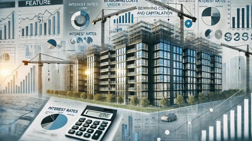 Image depicting the concept of borrowing costs and capitalization in construction. A modern high-rise building is under construction with cranes in the background. A financial document with interest rates, loan details, and a calculator are visible, symbolizing financial analysis. A timeline is highlighted, showing stages like construction, pauses, and completion. The color scheme includes formal blues, grays, and whites, conveying a corporate and professional atmosphere