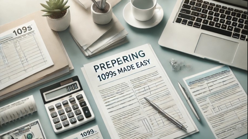 Feature image for a blog post about preparing 1099s, showing a desk with tax forms, a calculator, a pen, and a laptop in a modern, organized workspace.