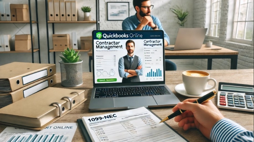 "Professional workspace with a laptop displaying a contractor management dashboard, notebook, pen, and coffee cup, symbolizing efficient 1099 contractor tracking."