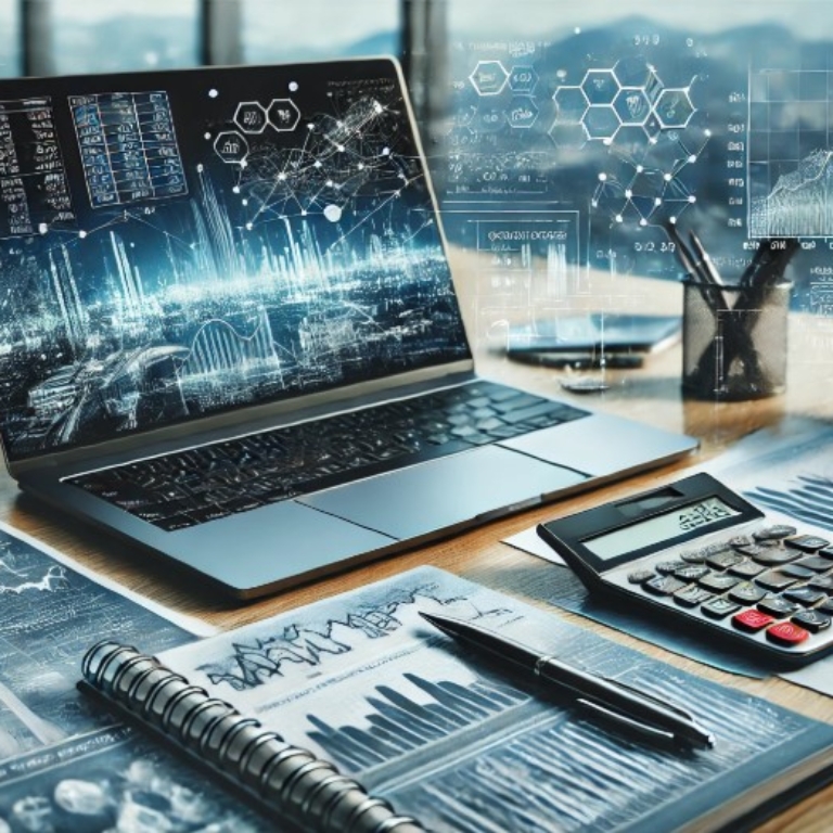 types of financial models. A professional financial analyst's workspace featuring a laptop displaying financial graphs and spreadsheets, a notepad with calculations, a calculator, and a pen on a sleek desk. In the background, a digital screen shows complex financial models with charts and data points, symbolizing financial modeling and corporate finance analysis.