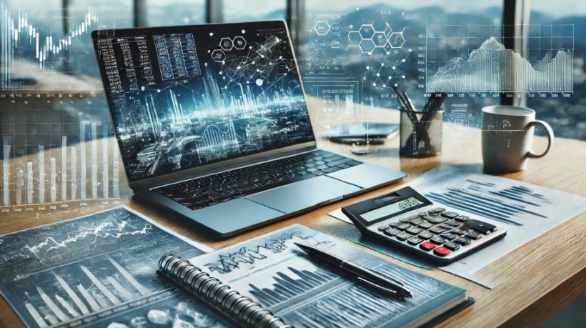 types of financial models. A professional financial analyst's workspace featuring a laptop displaying financial graphs and spreadsheets, a notepad with calculations, a calculator, and a pen on a sleek desk. In the background, a digital screen shows complex financial models with charts and data points, symbolizing financial modeling and corporate finance analysis.