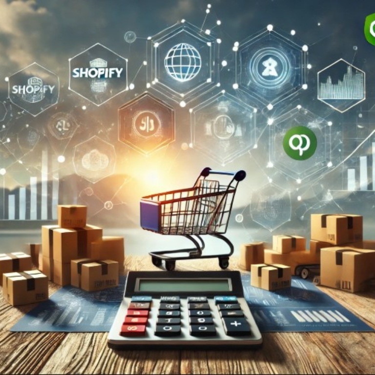 Ecommerce accounting with QuickBooks online. Feature image depicting e-commerce and accounting integration, showcasing a computer screen with QuickBooks software, shopping carts, and financial icons, symbolizing streamlined online business accounting.