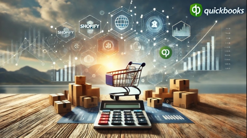 Ecommerce accounting with QuickBooks online. Feature image depicting e-commerce and accounting integration, showcasing a computer screen with QuickBooks software, shopping carts, and financial icons, symbolizing streamlined online business accounting.