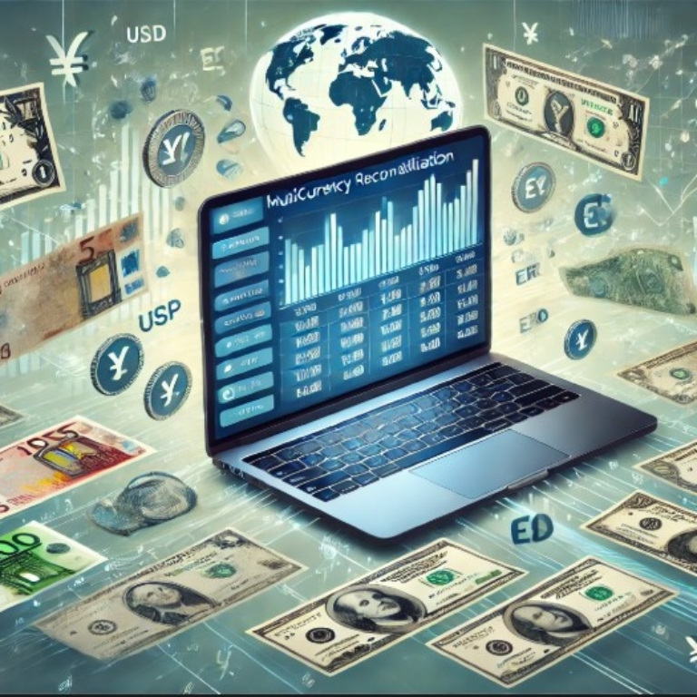 A professional digital illustration representing multicurrency reconciliation in QuickBooks Online. The image features financial charts, currency symbols, and a digital interface displaying accounting data, emphasizing global transactions and balance accuracy.